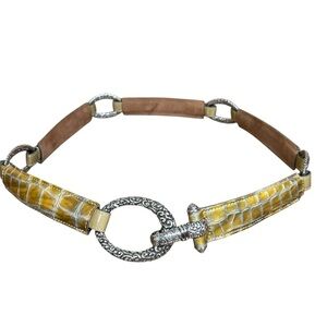 Yellow Gold Leather Croc Concho Statement Belt Stretchy Boho Funky Indie Size 36